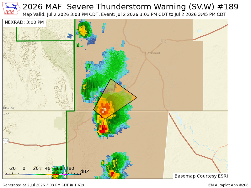 SCStormChasers's tweet photo. MAF issues Severe Thunderstorm Warning [wind: 60 MPH (RADAR INDICATED), hail: 1.00 IN (RADAR INDICATED)] for Eddy [NM] and Culberson [TX] till 3:45 PM CDT https://t.co/AFzpd5RkGG https://t.co/k0SJcE3NLm