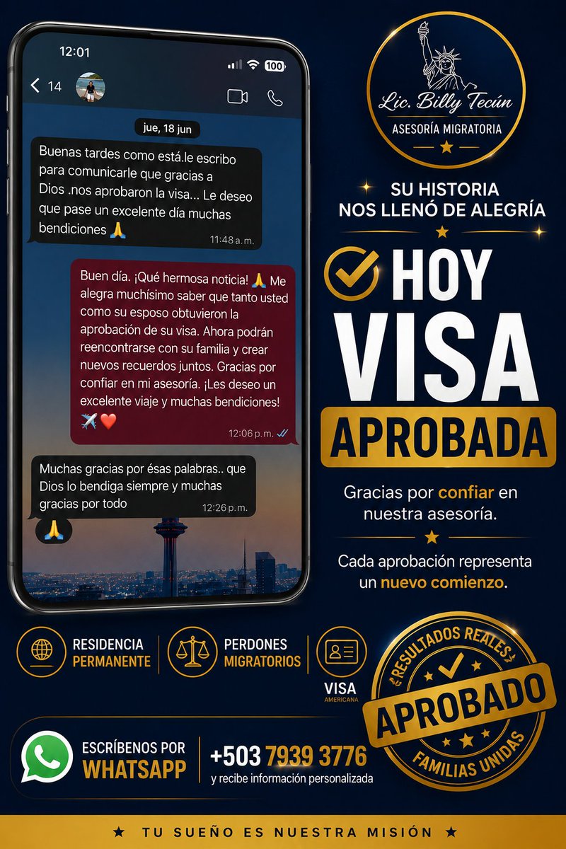 BillyTecun's tweet photo. Después de intentos anteriores, hoy esta familia recibió la aprobación de su visa. Su perseverancia, una buena preparación y la confianza depositada en nuestra asesoría hicieron posible este nuevo comienzo. https://t.co/jwmMqsCnKB