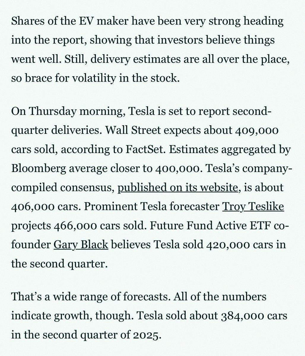 alecrive13's tweet photo. @TroyTeslike sees TSLA Q2 deliveries at 466K, while I'm guessing 420K. A bunch of well-known X analysts are around 420-430K too. That's a huge gap from the sell-side consensus of 406K—biggest I've seen before a Tesla delivery report. TSLA drops Q2 numbers tomorrow before the ma https://t.co/Vh6VHxjd5I