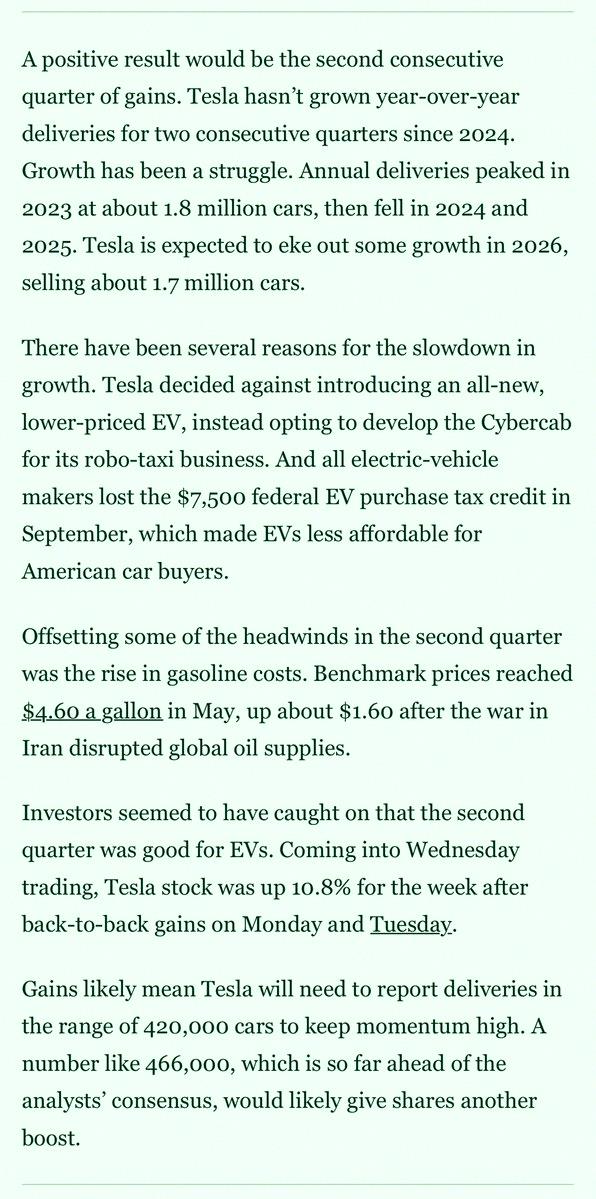 alecrive13's tweet photo. @TroyTeslike sees TSLA Q2 deliveries at 466K, while I'm guessing 420K. A bunch of well-known X analysts are around 420-430K too. That's a huge gap from the sell-side consensus of 406K—biggest I've seen before a Tesla delivery report. TSLA drops Q2 numbers tomorrow before the ma https://t.co/Vh6VHxjd5I