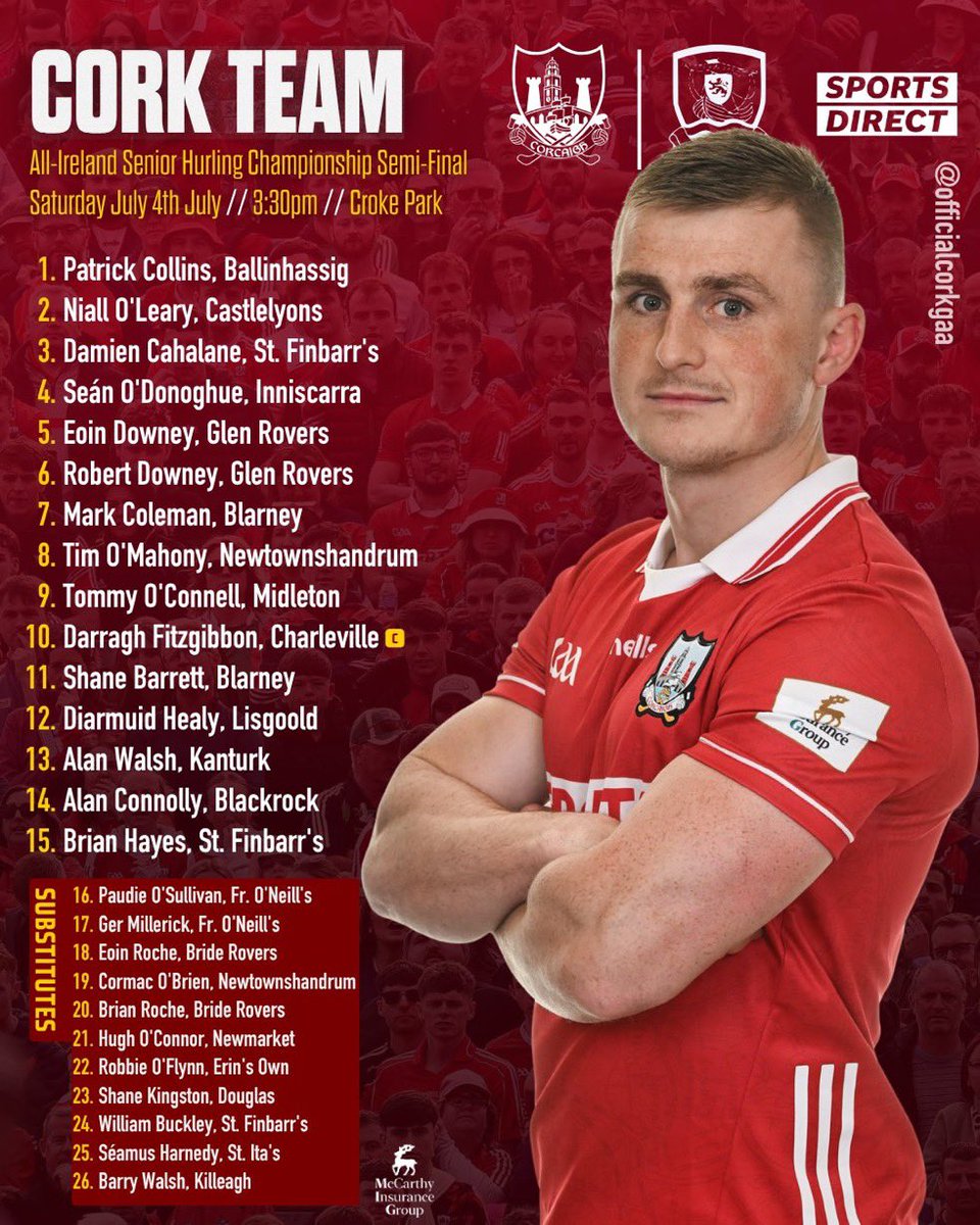 corkhurlers1's tweet photo. The @corkhurlers1 team to face @Galway_GAA in the All Ireland semi-final is as follows #Corcaigh #Therebels #Cork https://t.co/zJl1zeevY6