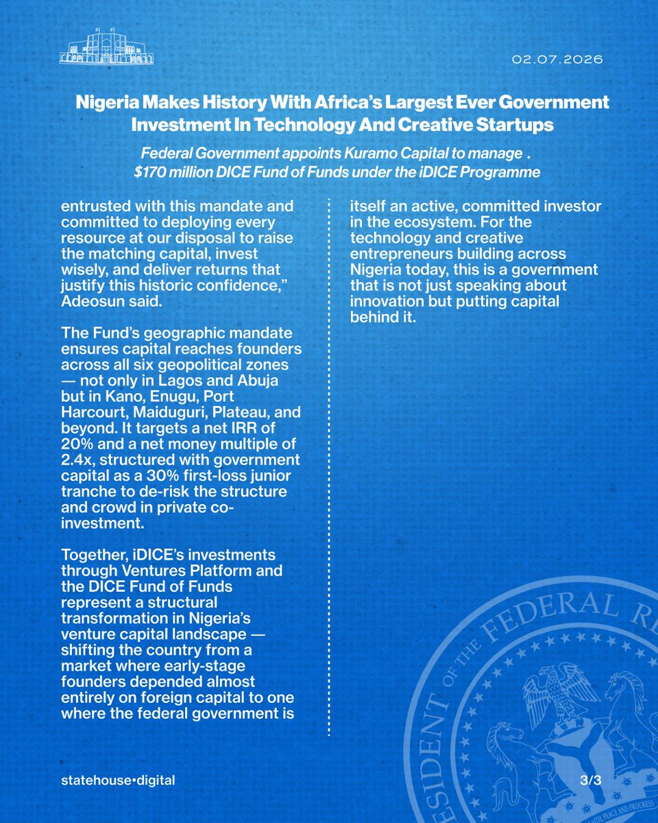 NGRPresident's tweet photo. Nigeria Makes History With Africa’s Largest Ever Government Investment In Technology And Creative Startups.

Federal Government appoints Kuramo Capital to manage $170 million DICE Fund of Funds under the iDICE Programme. https://t.co/RTVmgp5Tvy