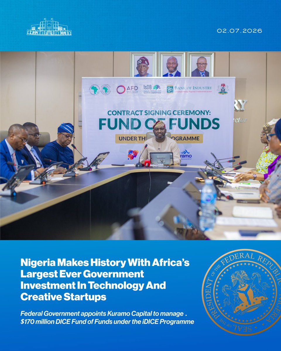 NGRPresident's tweet photo. Nigeria Makes History With Africa’s Largest Ever Government Investment In Technology And Creative Startups.

Federal Government appoints Kuramo Capital to manage $170 million DICE Fund of Funds under the iDICE Programme. https://t.co/RTVmgp5Tvy