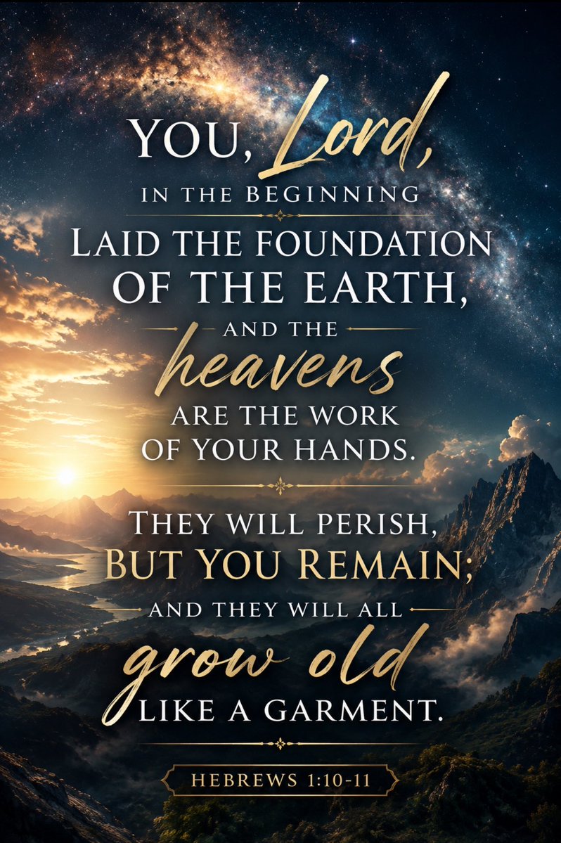 BibleQuotes0's tweet photo. You, Lord, in the beginning laid the foundation of the earth, and the heavens are the work of Your hands.  They will perish, but You remain; and they will all grow old like a garment.

- Hebrews 1:10-11 https://t.co/MFS3ObQOUl