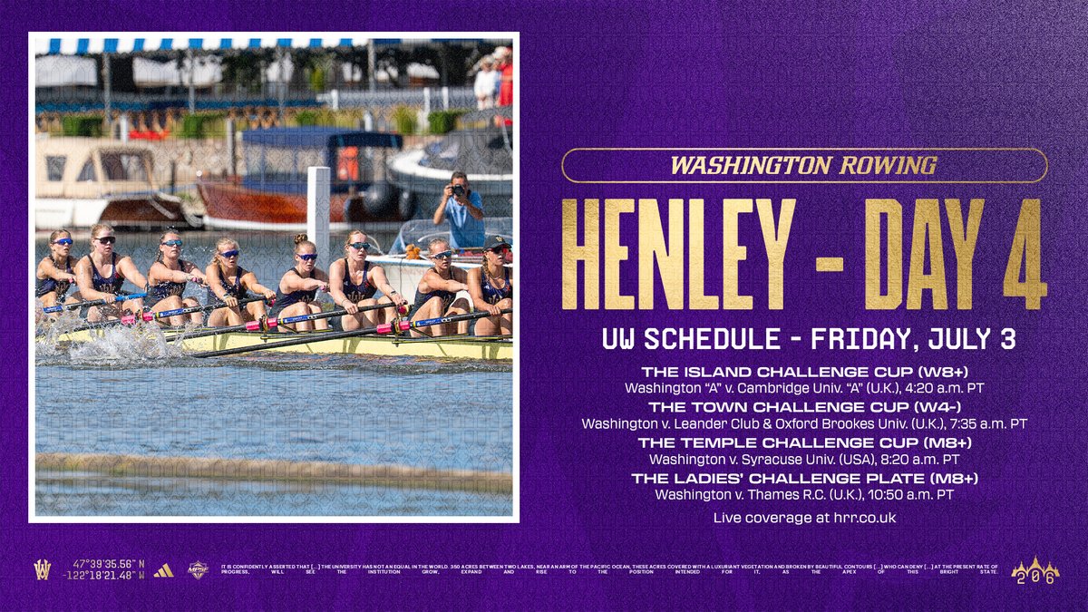UW_Rowing's tweet photo. Washington will have four crews racing in quarterfinals Friday at @HenleyRegatta, in the Island, Town, Temple and Ladies' Plate.

Follow along at https://t.co/Ce5D0MwCRA

#RowingU https://t.co/46od7bPslP