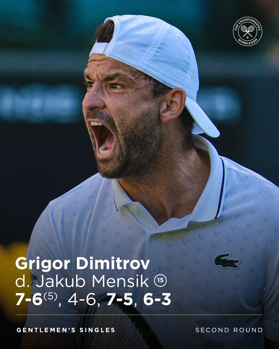 Wimbledon's tweet photo. He's so back. 

Grigor Dimitrov puts on a stunning display to defeat No.15 seed Jakub Mensik 👏

#Wimbledon https://t.co/uX2VKeZE4P