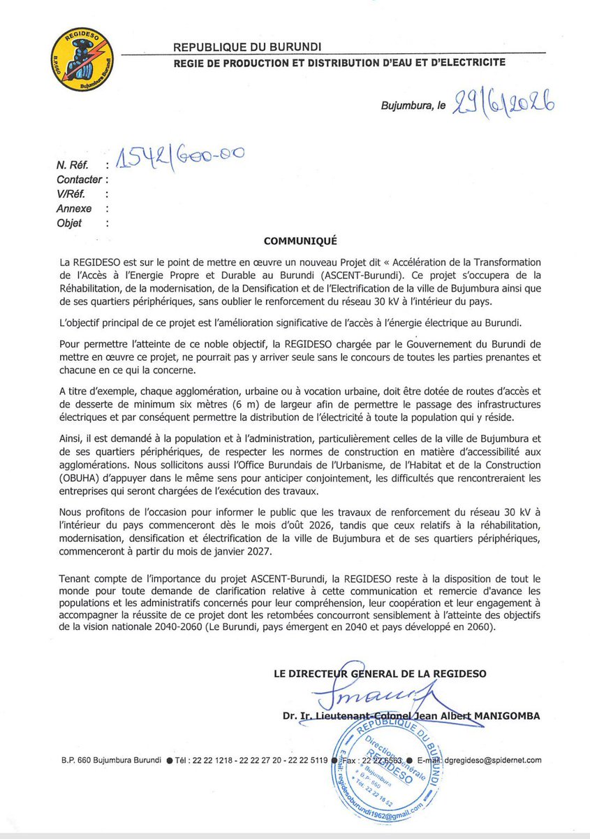 Regideso_bdi's tweet photo. Mise en œuvre imminente du nouveau projet dit "Accélération de la Transformation de l'Accès à l'Energie Propre et Durable au Burundi "(ASCENT-Burundi).
Plus de détails en bas ⬇️⬇️⬇️ https://t.co/9kUp5L7zpI