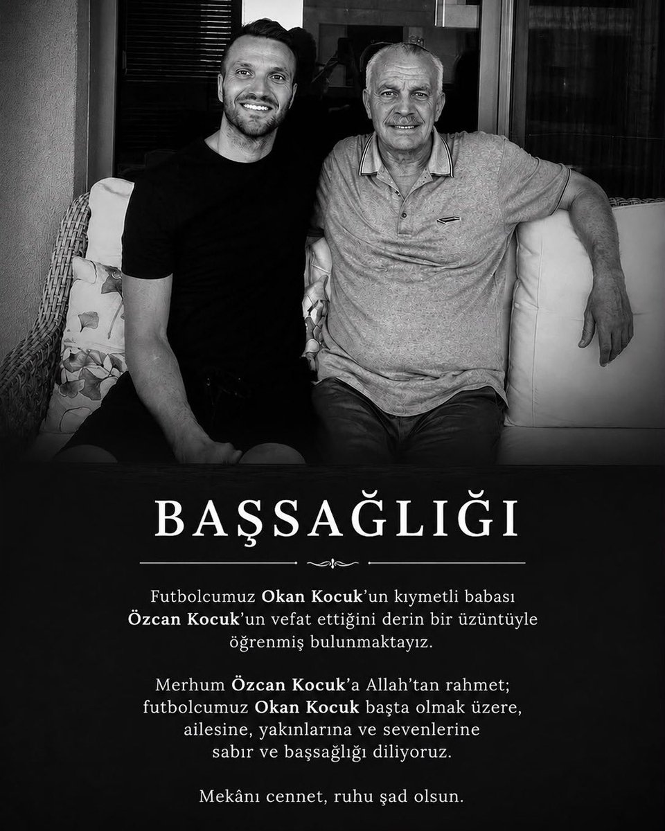 Sogutlubahce55's tweet photo. BAŞSAĞLIĞI

Futbolcumuz Okan Kocuk’un kıymetli babası Özcan Kocuk’un vefat ettiğini derin bir üzüntüyle öğrenmiş bulunmaktayız.

Merhum Özcan Kocuk’a Allah’tan rahmet; başta futbolcumuz Okan Kocuk olmak üzere ailesine, yakınlarına ve sevenlerine sabır ve başsağlığı diliyoruz.

Mekânı cennet, ruhu şad olsun.

#Samsunspor #Kırmızıduvar2015 #Söğütlübahçe1984