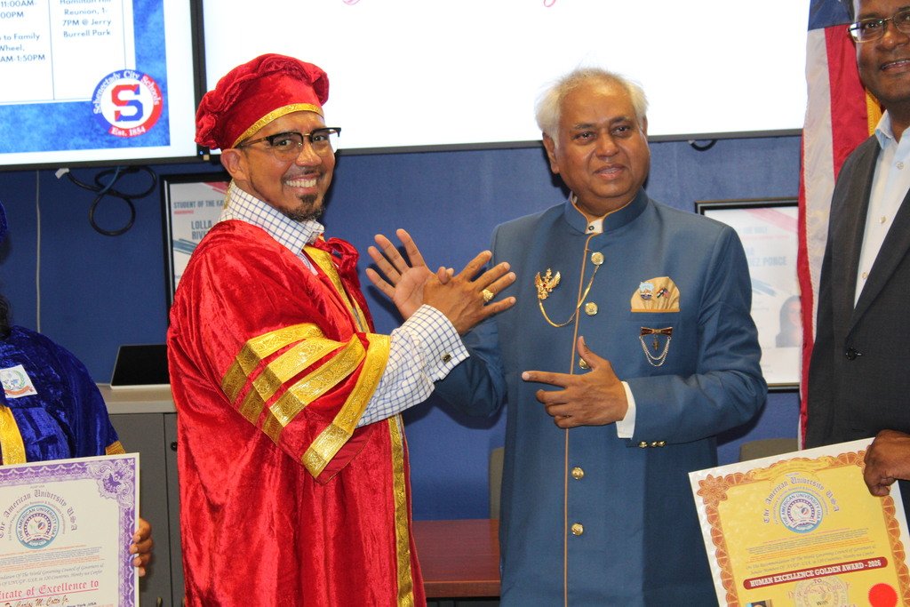 SCSchools's tweet photo. π Congratulations to Superintendent Dr. Cotto on receiving the Human Excellence Golden Award & Certificate of Excellence from Dr. Madhu Krishan & Dr. Lakshman Madurasinghe of The American University, alongside Council Member John Mootooveren! π
#LearnPeace #TeachPeace https://t.co/g9Umd3mMZO