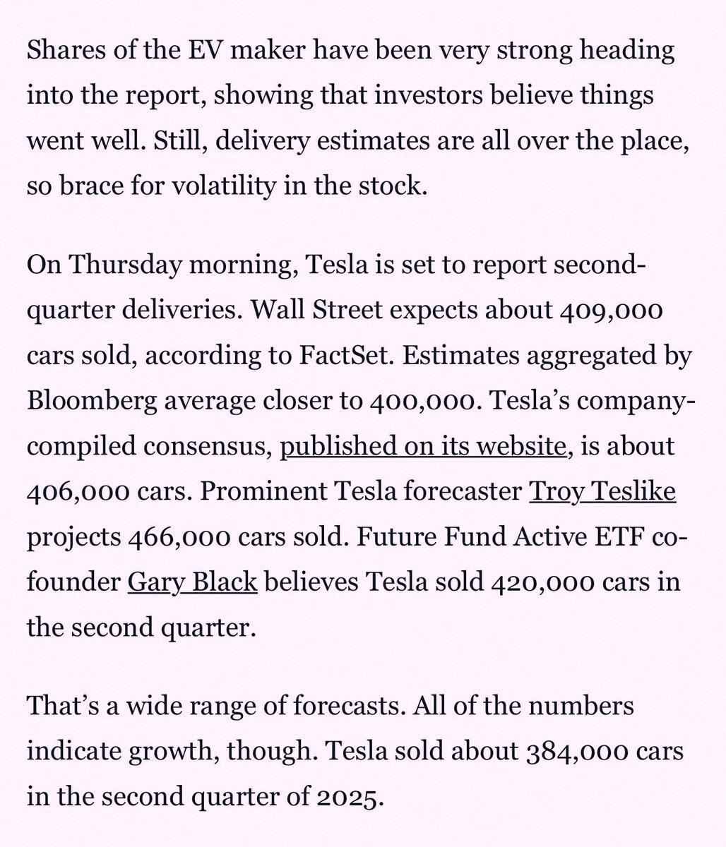 s__i____2's tweet photo. So @TroyTeslike says $TSLA Q2 deliveries could hit 466K, I'm guessing 420K, and a bunch of big X analysts are around 420-430K. That's the biggest gap I've seen between retail folks and sell-side (consensus 406K) before a Tesla delivery report. They're dropping Q2 numbers tomorro https://t.co/By7YLxSDOU