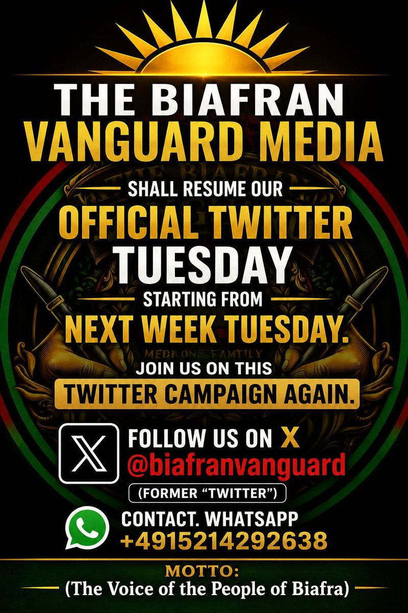 biafranvanguard's tweet photo. ANNOUNCEMENT!📢

In a bid to revive 'X Tuesday' we urge our teeming followers and readers to follow The Biafran Vanguard on X for authentic and factual news update on Biafra freedom and Mazi Nnamdi Kanu. https://t.co/lpvPeFLdHm