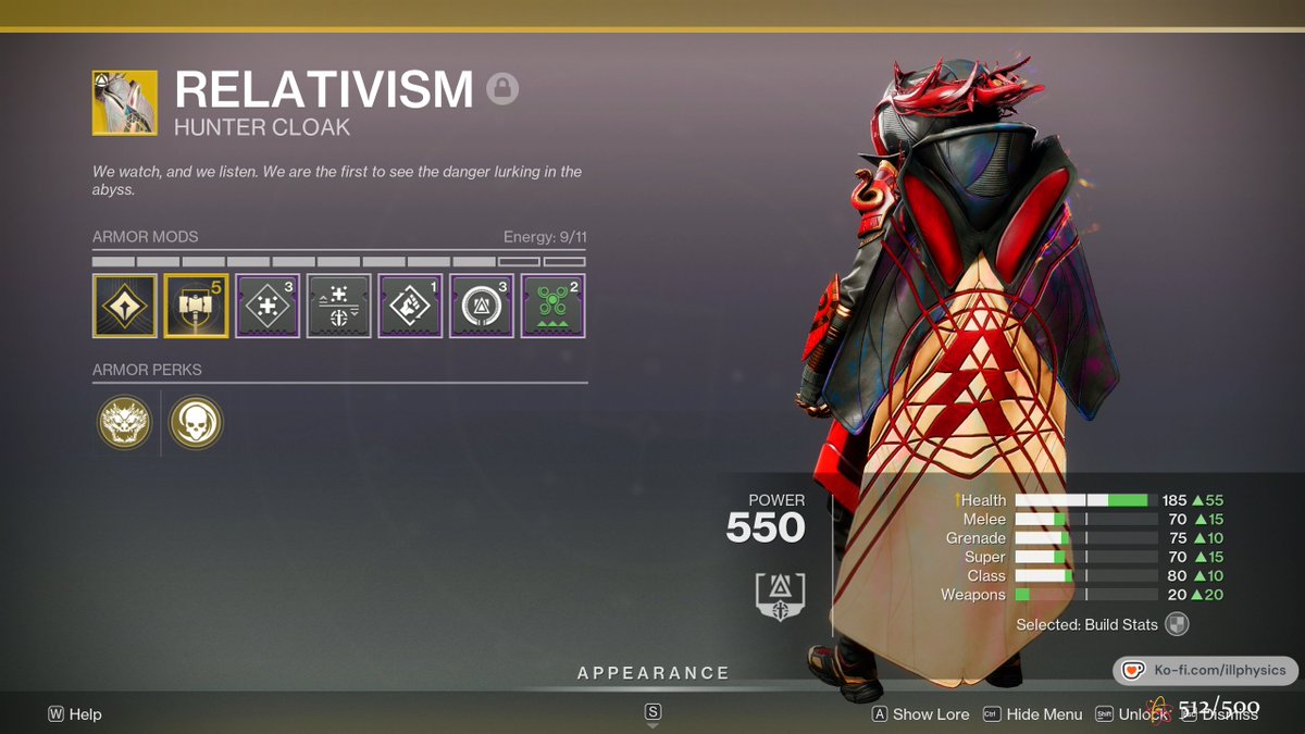 illPhysics's tweet photo. PvP build I settled on for Gnawing Hunger. 

Zen Moment doesn't come on it so DSR and Arrowhead Brake were next best. DSR meant I couldn't have a damage perk, but more uptime on an Overshield (especially b/c I'm on Prismatic without Echo of Vigilance) was next best. https://t.co/A6Ismi9cw5