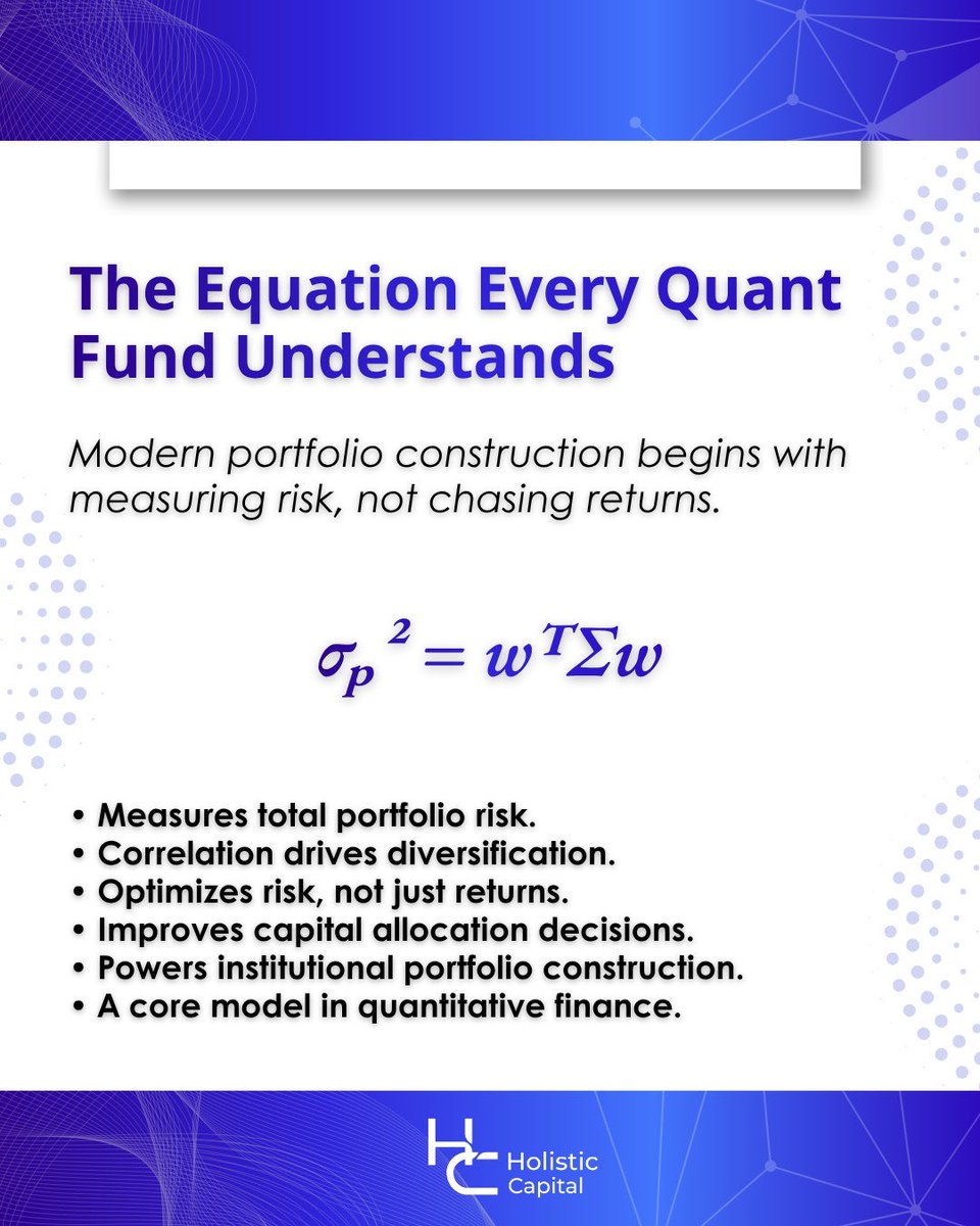 holisticapital's tweet photo. Great portfolios aren’t built on intuition.

They’re built on mathematics.

Understanding correlation is just as important as understanding returns.

Risk isn’t guessed.

It’s measured.

#QuantFinance #PortfolioManagement #RiskManagement #Investing #HolisticCapital https://t.co/s30I5El8uu