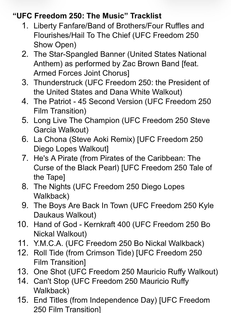 DamonMartin's tweet photo. The UFC is officially releasing the soundtrack from the #UFCWhiteHouse card from the Marine band that played in the fighters.

Full release drops tomorrow July 3 on all platforms. Here's the full tracklist https://t.co/UBfog6oLJF