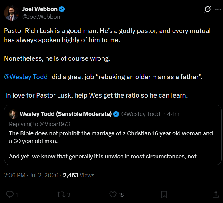 not_our_guy's tweet photo. NXR has decided to make the stupid mistake of doing their little dance regarding interracial marriage again.

They consistently do this reframe where they try to claim guys like Pastor Lusk are advocating people go out and marry random people with incompatible backgrounds or whatever when he correctly asserts that scripturally, interracial marriages are not sinful. 

As I've pointed out before, this same logic NXR uses would mandate that Christians marry people of OTHER races if modern sociological macro statistics showed that specific interracial marriage combinations yielded MORE children. A quick ChatGPT search seems to indicate various combinations of these couplings exist that yield more children on average than same race unions. 

This same logic applies to divorce; black wife and white husband for instance looks like (from a brief search) to actually be a lower divorce rate on average than white-white. 

Further, "significant health issues for the children" is a ridiculous exaggeration based on internet memes they have seen. By the standards of the statistical distinctions we're talking about here, Christians have some sort of obligation to not take a spouse who has a grandparent or even more distant ancestor who had Cystic Fibrosis or something. Having absolutely any family history of Leukemia would also apply here

This is such a cringe and autistic way to go around applying sloppy "natural law" claims; appealing to supposed sociological data loosely enough (and blocking people who are critical) so you don't have to actually defend your assertions publicly. 

Joel Webbon's NXR has a crackpot on the team (Dale Partridge, who is in a "non-ideal" interracial marriage "against God's design") currently desperately trying to revive belief in the curse of Ham as resting on all blacks as well, which I'm sure is completely coincidental to their concerns regarding racial couplings. 

WCF Ch 24:
"Marriage is to be between one man and one woman: neither is it lawful for any man to have more than one wife, nor for any woman to have more than one husband at the same time. Marriage was ordained for the mutual help of husband and wife; for the increase of mankind with a legitimate issue, and of the Church with an holy seed; and for preventing of uncleanness. It is lawful for all sorts of people to marry who are able with judgment to give their consent. Yet it is the duty of Christians to marry only in the Lord. And therefore, such as profess the true reformed religion should not marry with infidels, Papists, or other idolaters: neither should such as are godly be unequally yoked, by marrying with such as are notoriously wicked in their life, or maintain damnable heresies."