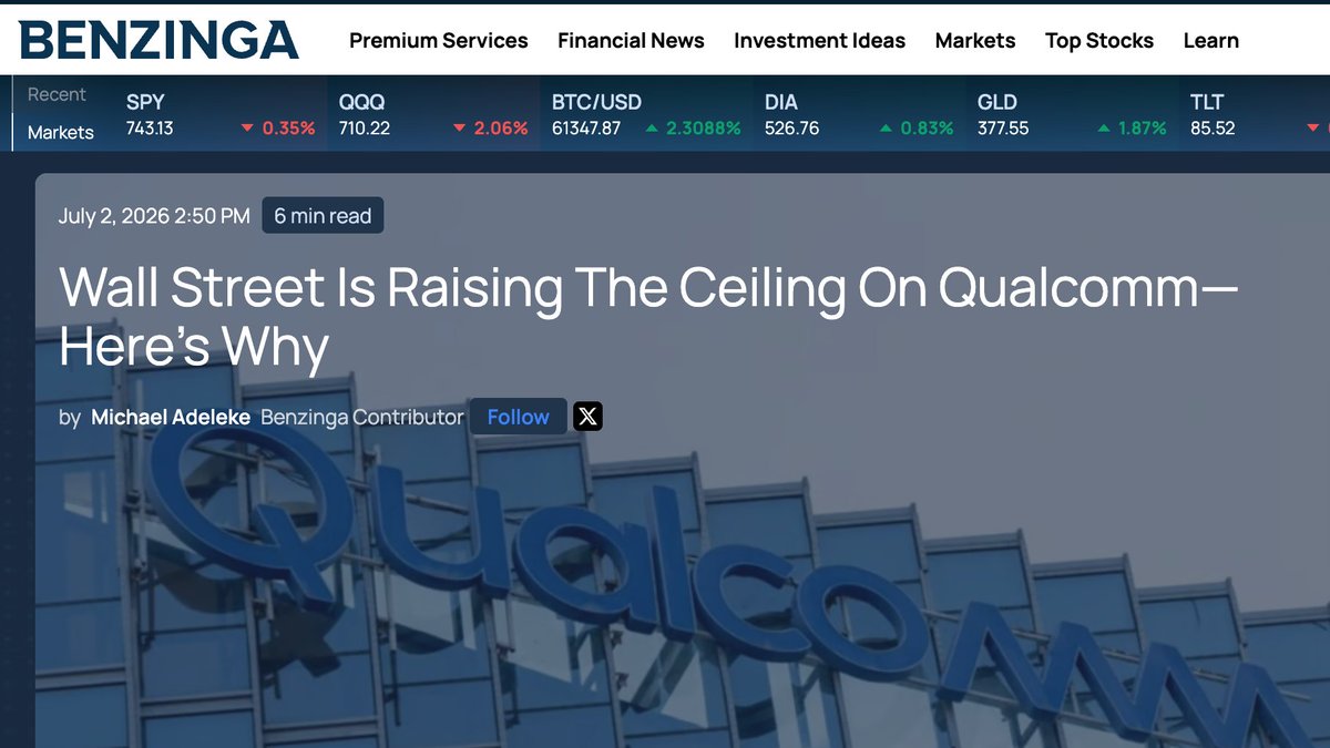 MA_Reports's tweet photo. Excited to share that my latest piece on $QCOM was just featured on Benzinga Expert Ideas 🗞️

For years, Wall Street had a simple story on Qualcomm, a phone chip company: slowing growth, best days behind it. 

Then 2026 happened. TikTok's parent company signed an AI chip deal with them. Mark Zuckerberg flew in personally to their investor event. 

Seven major Wall Street firms scrambled to raise their price targets, some nearly doubling what they had forecast just months earlier. So what exactly changed? 

In my latest piece for @Benzinga, I break down the ByteDance deal that shocked the market, the new AI chip taking aim at Nvidia, the $40 billion revenue target that turned heads, and why the stock still looks reasonably priced despite all the excitement. 

Link to the article in the comments 👇
