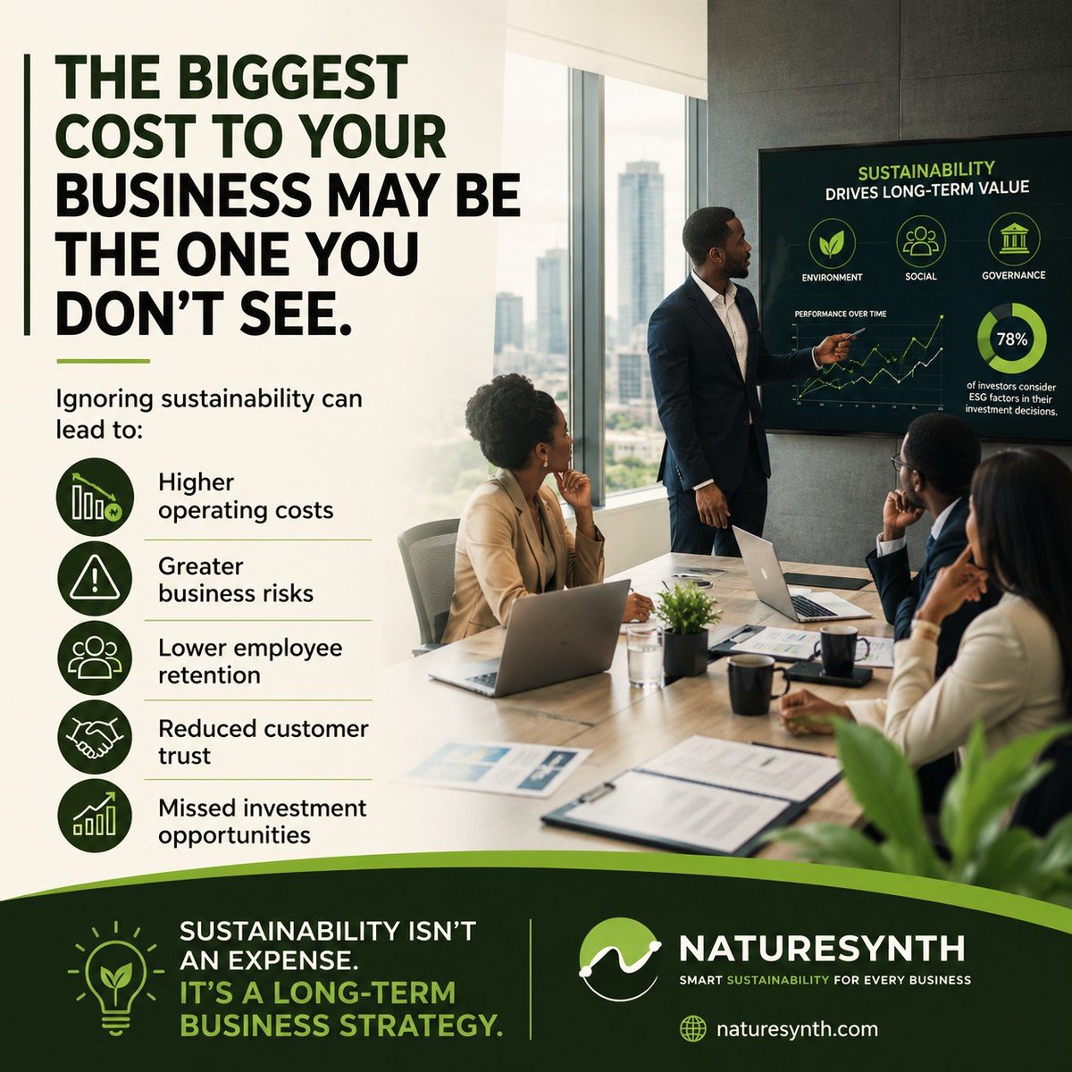 NATURESYNTHHQ's tweet photo. The biggest cost to a business isn't always visible.

Sustainable businesses don't just prepare for the future—they perform better today.

💬 What's one hidden cost businesses often overlook?

#BusinessSustainability #ESG #NatureSynth #SustainableBusiness #BusinessStrategy https://t.co/CuPoRJuJzP