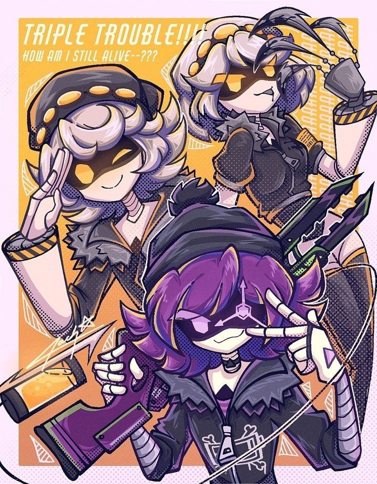 johnson43847's tweet photo. Title: Triple Threat
Uzi in front with the shotgun and peace signs.
N saluting. V holding a wrench like a weapon.
Yellow background, halftone dots, pure chaos.
They’re trouble. Obviously.
#MurderDrones #MD #UziDoorman #Fanart #Illustration #DigitalInking https://t.co/QCpYEhxpOD