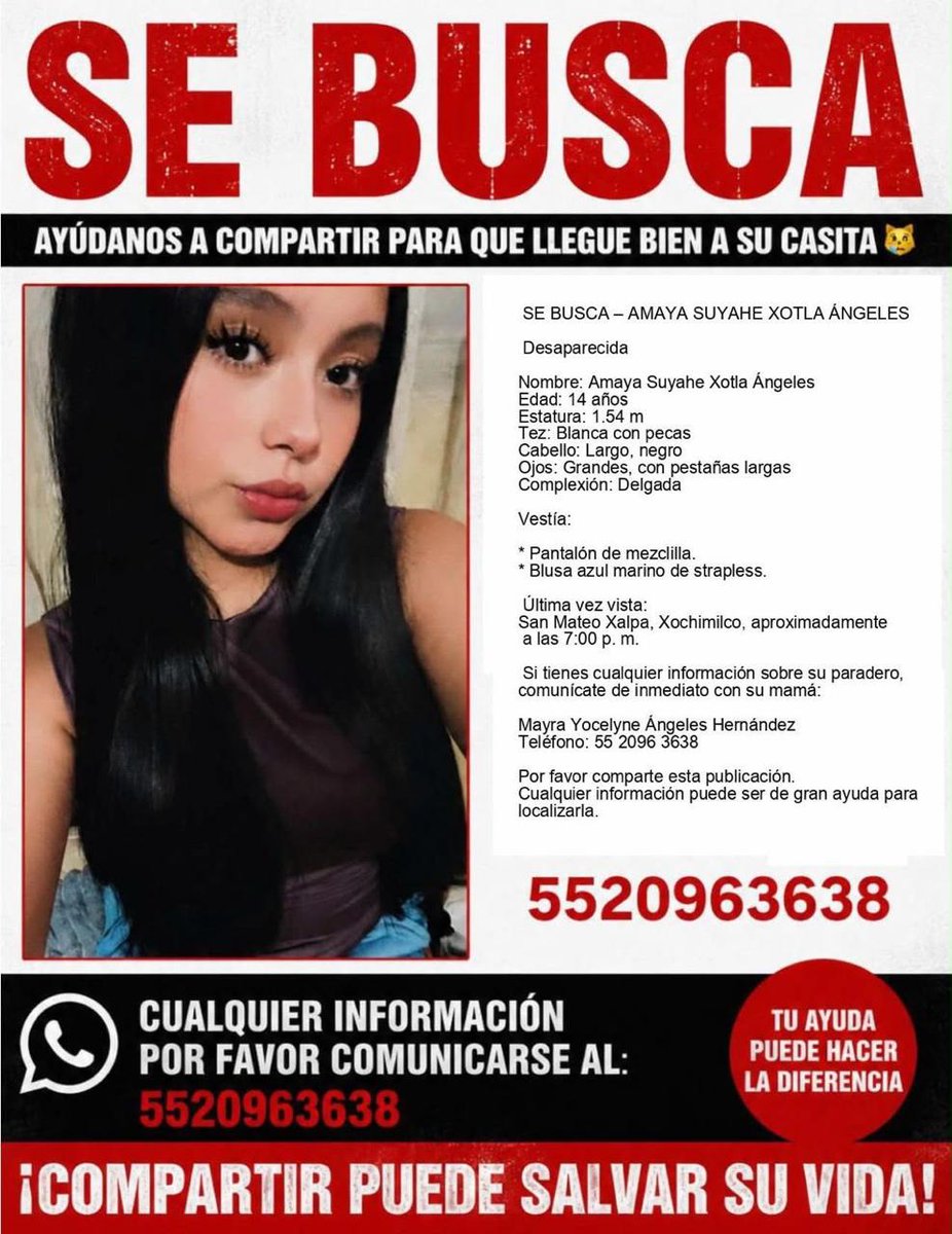 889Noticias's tweet photo. #ServicioSocial

Solicitamos tu apoyo para localizar a Amaya Suyahe Xotla Ángeles, de 14 años. 

Fue vista por última vez en San Mateo Xalpa, en la alcaldía Xochimilco de la CDMX.

Síguenos en https://t.co/yC5ay0VteZ

#DFT https://t.co/6vRpnGLXG1