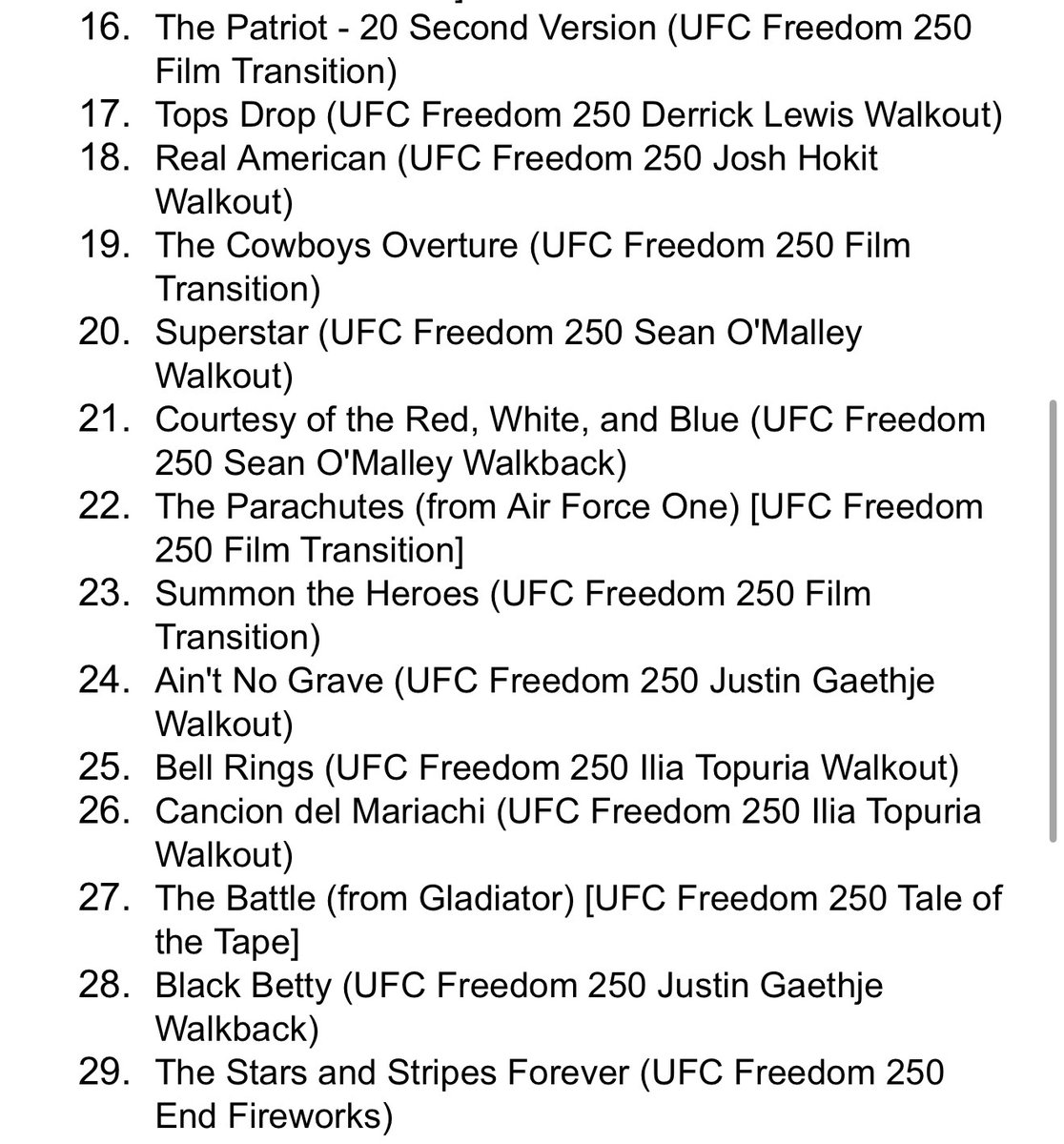 DamonMartin's tweet photo. The UFC is officially releasing the soundtrack from the #UFCWhiteHouse card from the Marine band that played in the fighters.

Full release drops tomorrow July 3 on all platforms. Here's the full tracklist https://t.co/UBfog6oLJF
