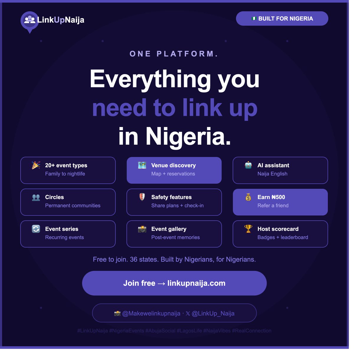 LinkUp_Naija's tweet photo. Tired of missing out on the best events in your city?
Imagine never scrolling past a dope party, brunch, or experience again — because everything happening around you is now in one place.
LinkUpNaija makes it easy to find real plans, meet great people, and actually enjoy your weekends.
No more FOMO. Just good vibes and better memories.
Ready to link up? • → https://t.co/rtB2qJKwNv
#linkupnaija #lagos #abuja