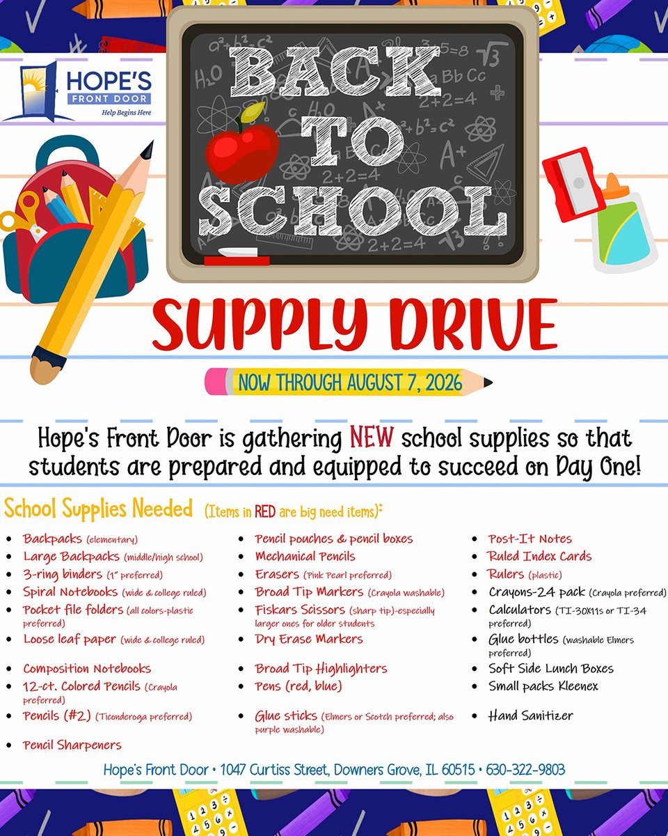 HopeFrontDoor's tweet photo. We're launching our School Supply Drive &amp; we need your help to stock the shelves! Visit https://t.co/2WFaXCBzuc &amp; ship items directly to us, or drop donations at our office. 

Thank you for opening your hearts &amp; setting our local students up for a bright, successful school year! https://t.co/aLiu6SL69E