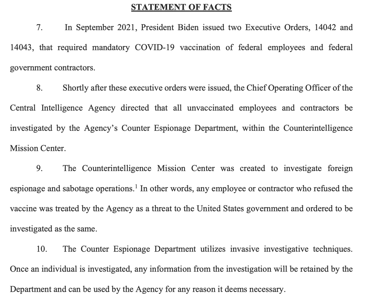 emilyakopp's tweet photo. NEW legal complaint: Under the Biden administration, the CIA's Counter Espionage Department investigated thousands of employees who didn't take the COVID vaccine.

Any dirt that the CIA collected remains on file and can be used by the CIA "for any reason it deems necessary." 

Whistleblower Jim Erdman tells me that he asked CIA Director John Ratcliffe's office to expunge the unvaccinated employees' records but never got a reply.