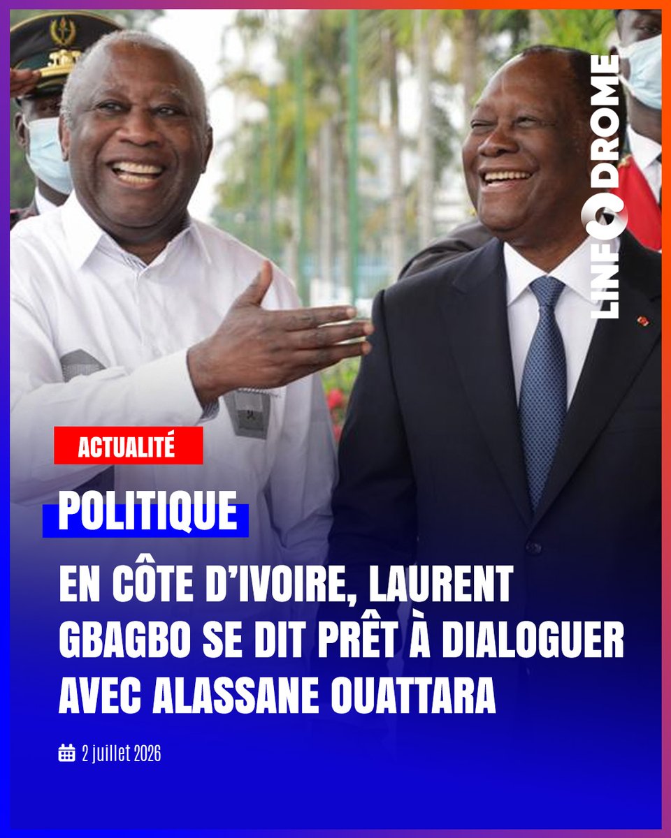 Linfodrome's tweet photo. L'ancien président ivoirien, Laurent Gbagbo a réaffirmé sa disponibilité à échanger avec le pouvoir en place, incarné par le chef de l'État Alassane Ouattara.

C’était ce jeudi 2 juillet 2026 à Abidjan, lors d’une conférence de presse qu’il a animé à Abidjan. 

#Linfodrome https://t.co/P7Qx3dOUhE