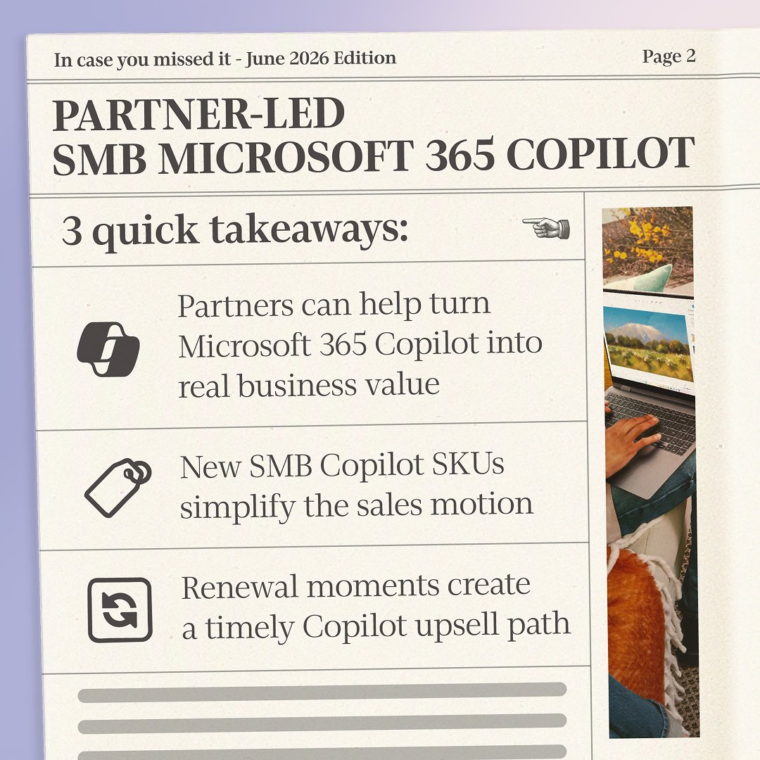 msPartner's tweet photo. Catch up on three can’t miss #MSPartner Blog posts, covering SMB AI adoption, scaling through #MSMarketplace, and go-to-market support from Partner Marketing Center Pro.

In case you missed it: 📰
https://t.co/75OhNjudXT
https://t.co/On7NYQEvv3
https://t.co/48ToG606xy
#MSPartner https://t.co/lDnpU88axK