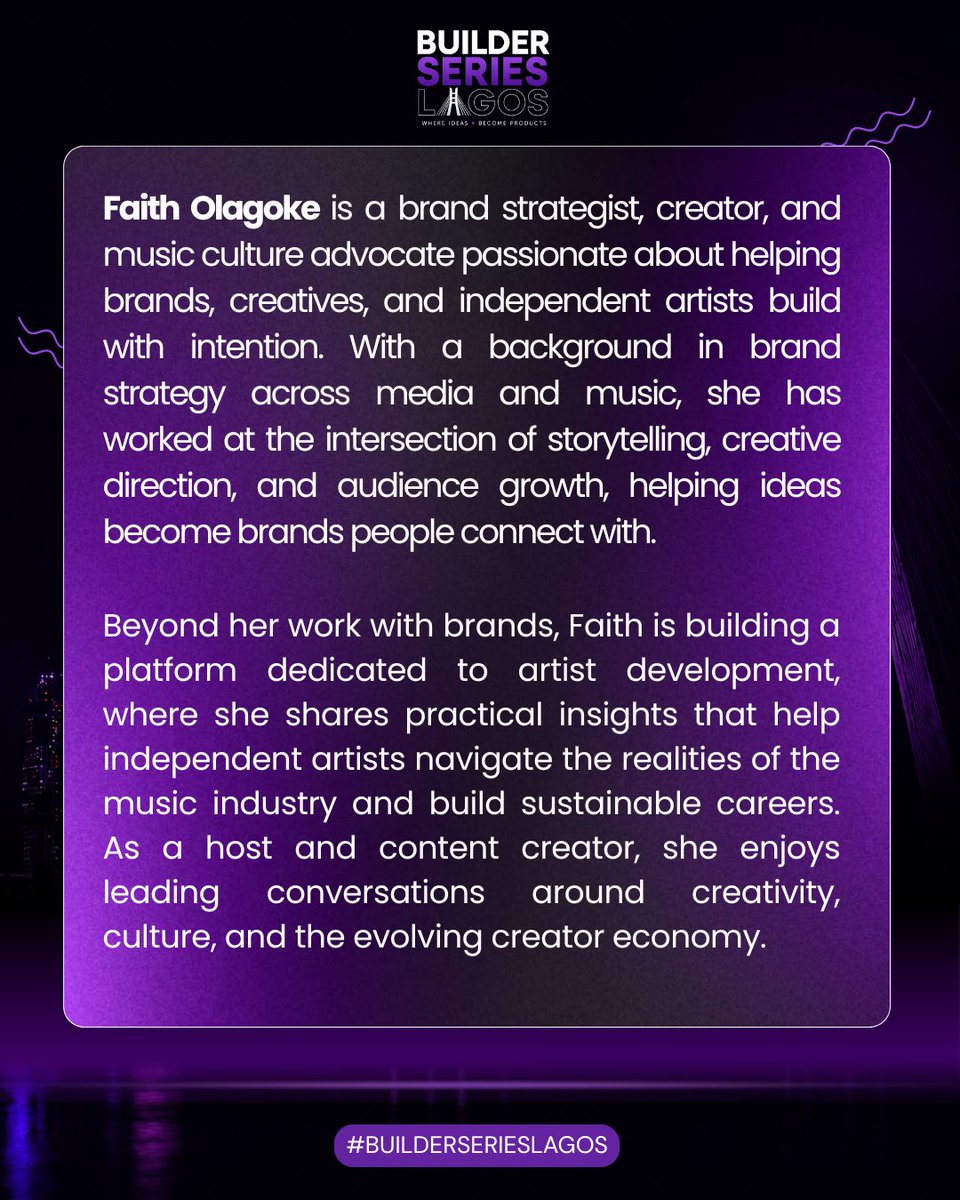 BuilderseriesLA's tweet photo. 🎙️ Meet our moderator, Faith Olagoke!

Brand strategist, creator, and music culture advocate, Faith will be steering the conversations at Builder Series Lagos.

📅 July 4, 2026
📍 Datamellon, VI, Lagos

#BuilderSeriesLagos https://t.co/HxI6keuBqC
