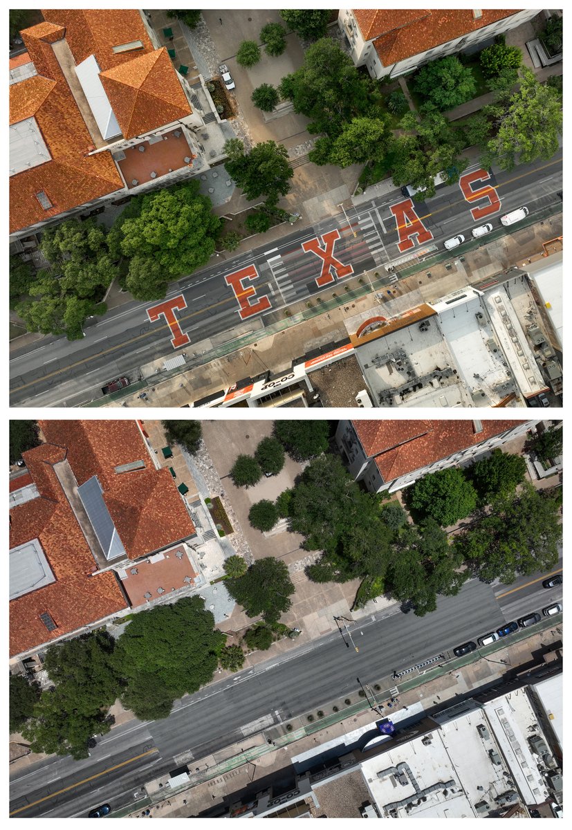 jayjanner's tweet photo. Two prominent pieces of Austin street art are gone. These then-and-now photos show the removed Black Artists Matter mural on East 11th Street and the giant "TEXAS" mural on Guadalupe Street after the City of Austin complied with a TxDOT order. https://t.co/PuPbz7W28g