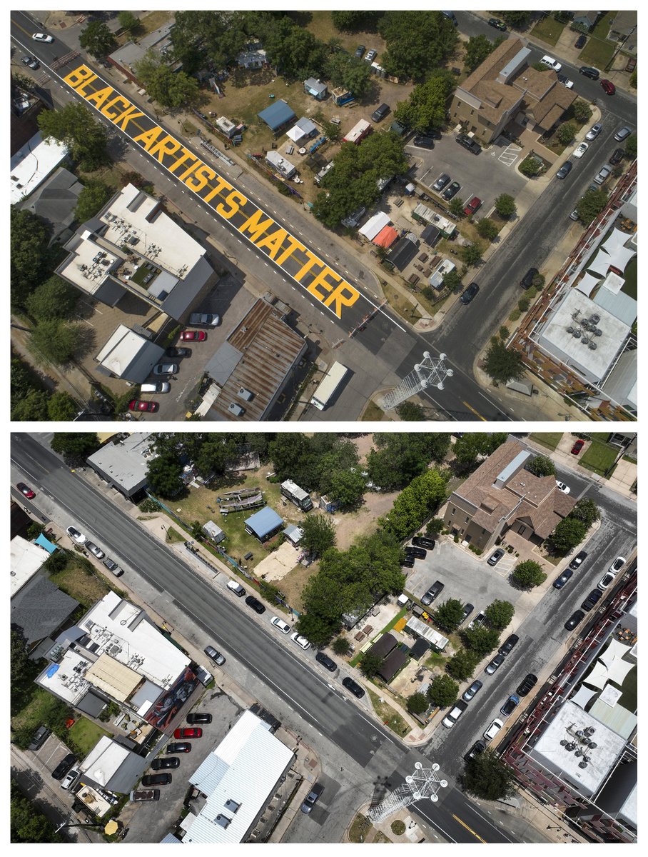 jayjanner's tweet photo. Two prominent pieces of Austin street art are gone. These then-and-now photos show the removed Black Artists Matter mural on East 11th Street and the giant "TEXAS" mural on Guadalupe Street after the City of Austin complied with a TxDOT order. https://t.co/PuPbz7W28g