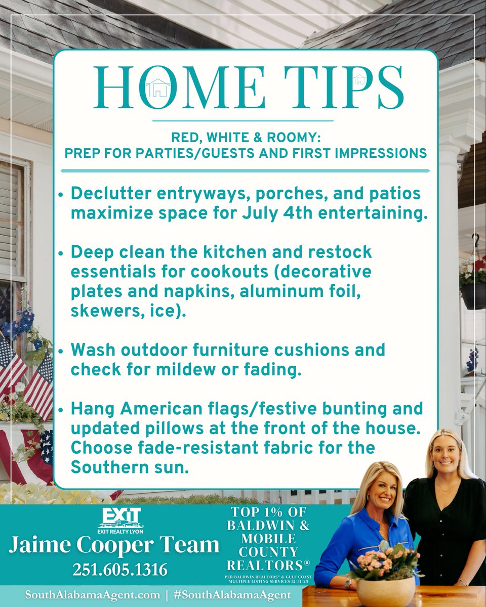 JaimeLyonCooper's tweet photo. Weekly Home Tip🇺🇸

Jaime Cooper Team📲251.605.1316 #Realtor #SouthAlabamaAgent #HomeTipsbyJaime #hometips https://t.co/YPXwJrIj66
