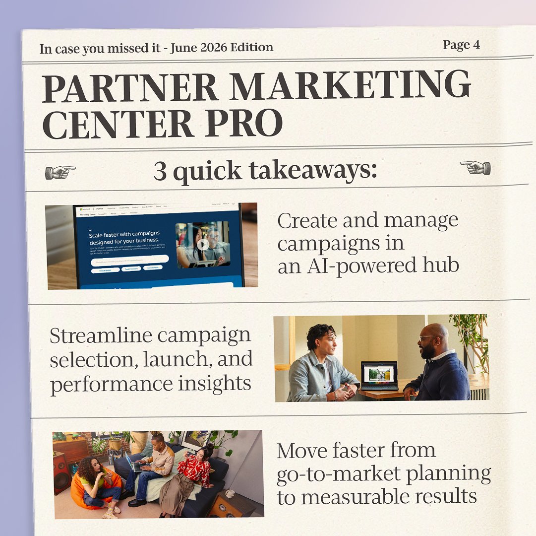 msPartner's tweet photo. Catch up on three can’t miss #MSPartner Blog posts, covering SMB AI adoption, scaling through #MSMarketplace, and go-to-market support from Partner Marketing Center Pro.

In case you missed it: 📰
https://t.co/75OhNjudXT
https://t.co/On7NYQEvv3
https://t.co/48ToG606xy
#MSPartner https://t.co/lDnpU88axK