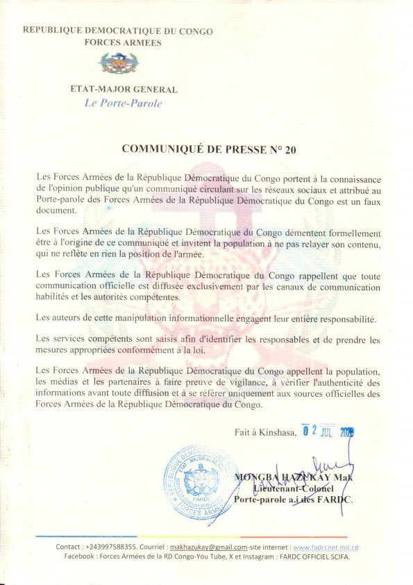 BruceNIPO's tweet photo. 💢🖊️Les Forces Armées de la République Démocratique du Congo portent à la connaissance de l'opinion publique qu'un communiqué circulant sur les réseaux sociaux et attribué au Porte-parole des Forces Armées de la République Démocratique du Congo @FARDC_officiel est un faux document.

Les Forces Armées de la République Démocratique du Congo démentent formellement être à l'origine de ce communiqué et invitent la population à ne pas relayer son contenu, qui ne reflète en rien la position de l'armée.

Les #FARDC  @FARDC_officiel rappellent que toute communication officielle est diffusée exclusivement par les canaux de communication habilités et les autorités compétentes.

« Les médias et les partenaires à faire preuve de vigilance, à vérifier l'authenticité des informations avant toute diffusion et à se référer uniquement aux sources officielles des Forces Armées de la République Démocratique du Congo. », précise l’armée congolaise.