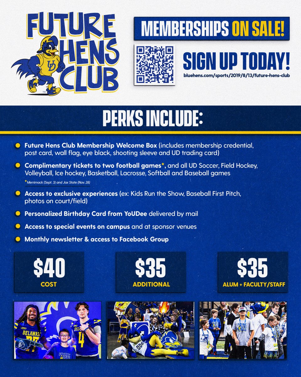 UDBlueHens's tweet photo. Sign up today for Future Hens Club! 🔵🟡

🔗: https://t.co/ULuiMJ8MoX https://t.co/cU6IQPQGEZ