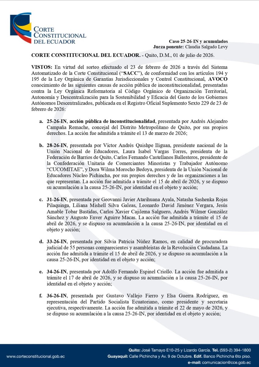 ecuainm_oficial's tweet photo. ‼️#URGENTE
La Corte Constitucional avocó conocimiento de las acciones de inconstitucionalidad contra la reforma al COOTAD y dispuso que, en el plazo de 15 días, la Asamblea Nacional remita un informe defendiendo o impugnando la constitucionalidad de la norma. Además, requirió al Ministerio de Economía y Finanzas el clasificador presupuestario utilizado para determinar el porcentaje de ingresos permanentes y no permanentes, los informes técnicos, estudios, memorandos y demás documentos que sustentaron la reforma, el análisis de impacto fiscal, la metodología empleada para las proyecciones y los criterios utilizados para establecer los efectos de la ley. También solicitó a varios GAD informar sobre las afectaciones que tendría la norma en programas, proyectos, obras y servicios, así como su impacto económico.