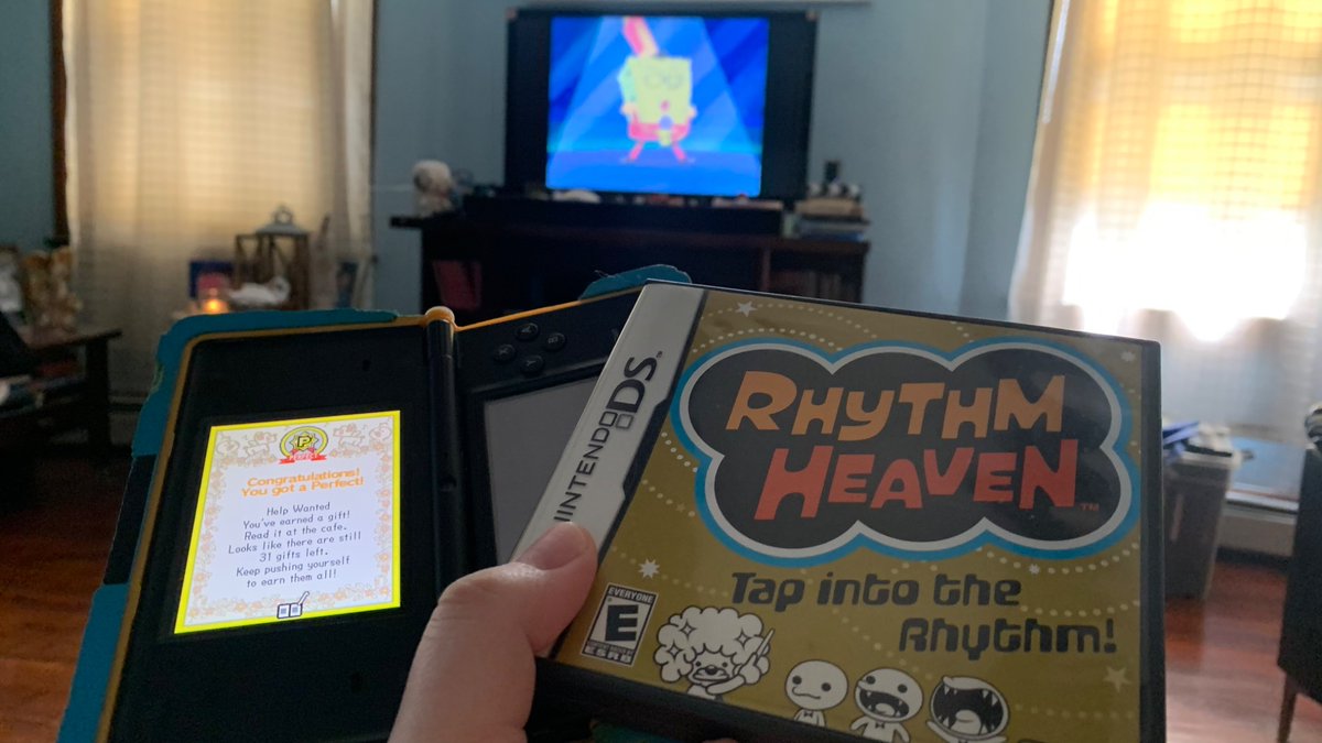 MarcSan43683793's tweet photo. I’m playing the original Rhythm Heaven game that I still have since 2009 to get ready for Rhythm Heaven Groove while I’m watching Band Geeks. Also I got my first perfect in years. Pure nostalgia.🥹 Buckleberry & Nostalgia 4ever!❤️ #rhythmheaven #nintendo #spongebob #bandgeeks https://t.co/k4hMXgcMfl