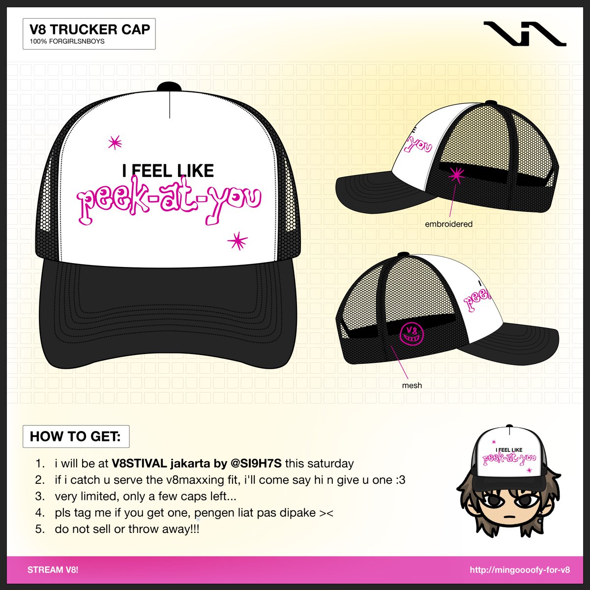mingoooofy's tweet photo. fansupport for V8 unit debut event!

just casually made this bc of #his obsession with caps… also got 2 excited for v8 unit so i made more lol

limited offline sharing at v8stival jakarta by @SI9H7S 

more details on pic, see u there #V8 https://t.co/qqaVGBz4TF