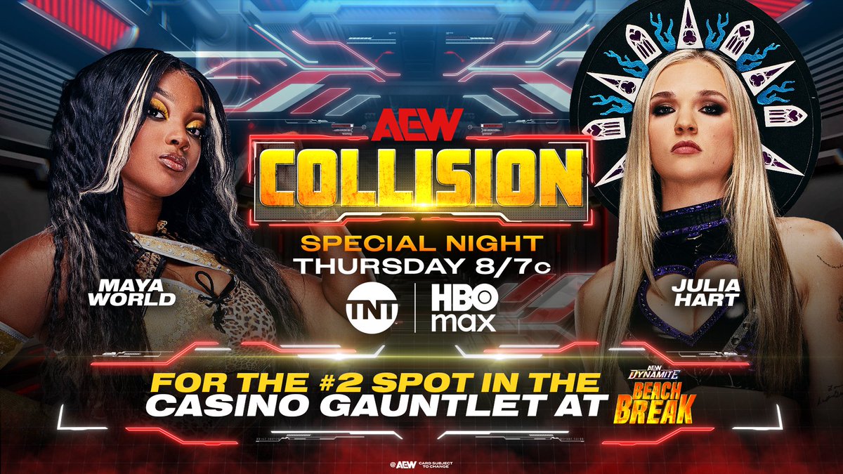 WrestleTalk_TV's tweet photo. Announced for tonight's AEW Collision:

- Andrade El Idolo vs. Brian Cage

- Maya World vs. Julia Hart - Winner gets #2 spot in Beach Break Casino Gauntlet for an AEW Women's World Title shot at Redemption

- Adam Copeland, Austin Gunn, Colten Gunn & Jay White vs. Lee Moriarty, Carlie Bravo, Shane Taylor & Shawn Dean

- Kyle Fletcher vs. ELP

- Pac & Claudio Castagnoli vs. Shingo Takagi & Drilla Moloney

- Athena vs. Rina - Winner gets #1 spot in Beach Break Casino Gauntlet for an AEW Women's World Title shot at Redemption

- Speedball Mike Bailey, Bandido & Mistico vs. The Rascalz

- Thunder Rosa & Mina Shirakawa in action

- The Demand in action