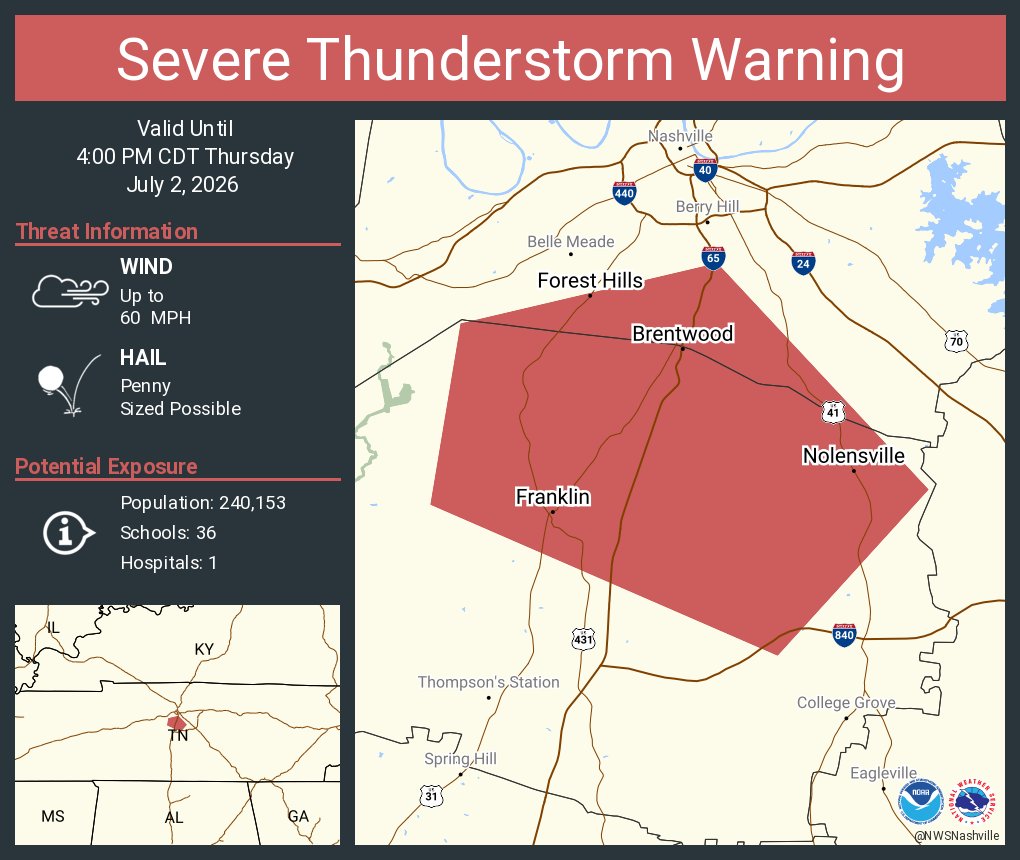 NWSNashville's tweet photo. Severe Thunderstorm Warning including Franklin TN, Brentwood TN and  Nolensville TN until 4:00 PM CDT https://t.co/6HPN1XcND5