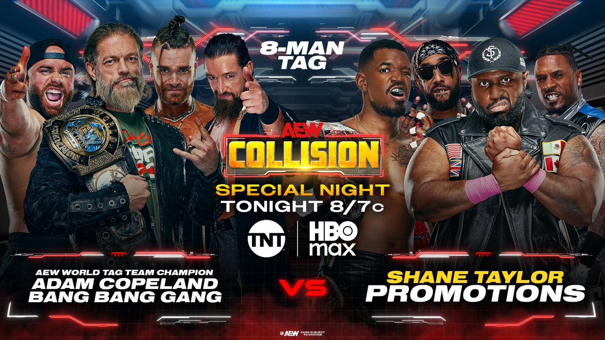 WrestleTalk_TV's tweet photo. Announced for tonight's AEW Collision:

- Andrade El Idolo vs. Brian Cage

- Maya World vs. Julia Hart - Winner gets #2 spot in Beach Break Casino Gauntlet for an AEW Women's World Title shot at Redemption

- Adam Copeland, Austin Gunn, Colten Gunn & Jay White vs. Lee Moriarty, Carlie Bravo, Shane Taylor & Shawn Dean

- Kyle Fletcher vs. ELP

- Pac & Claudio Castagnoli vs. Shingo Takagi & Drilla Moloney

- Athena vs. Rina - Winner gets #1 spot in Beach Break Casino Gauntlet for an AEW Women's World Title shot at Redemption

- Speedball Mike Bailey, Bandido & Mistico vs. The Rascalz

- Thunder Rosa & Mina Shirakawa in action

- The Demand in action