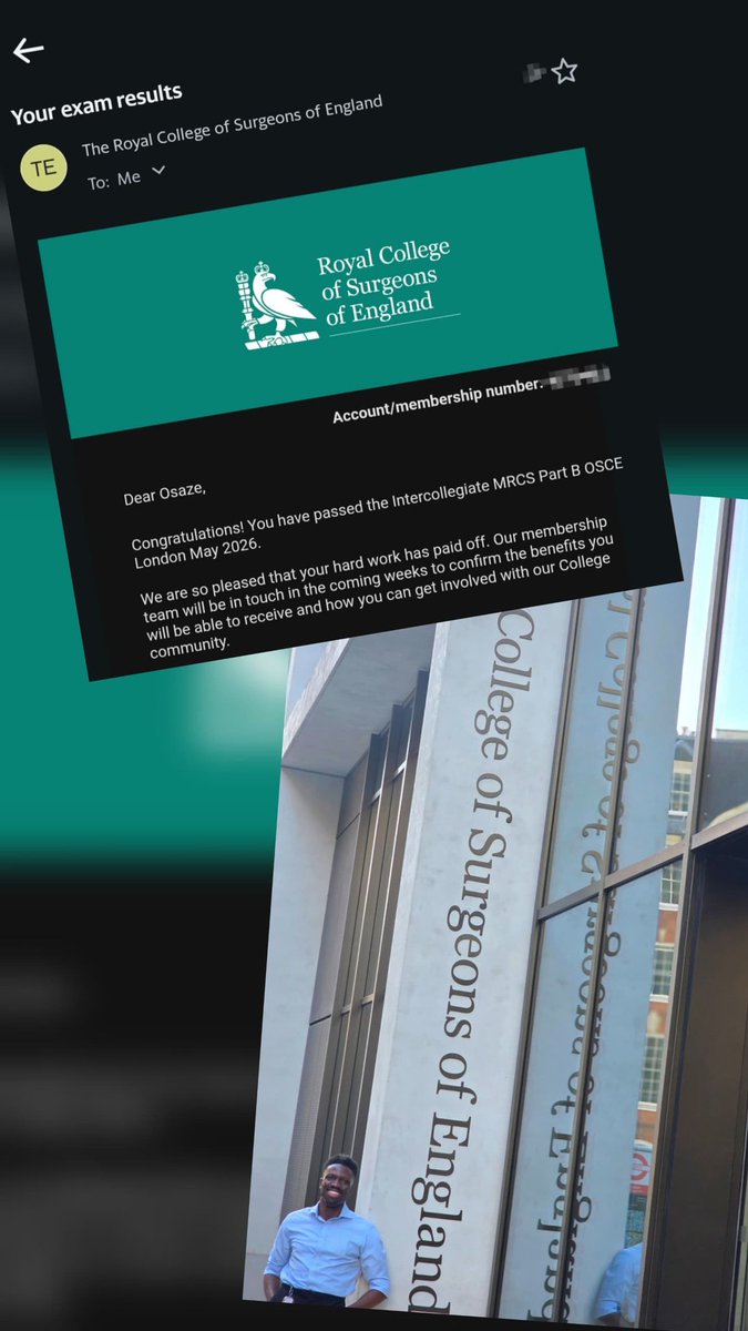 OsazeEhioghae's tweet photo. MRCS Part B Passed✅
Dreams don't happen overnight - they're built through consistency, discipline and perseverance.
Grateful to God and everyone who's been part of this journey.

Mr. Osaze Ehioghae MBBS, MRCS (England)🥰... Tingles😅
#MRCS #surgery #generalsurgery https://t.co/3qxQFUBB79