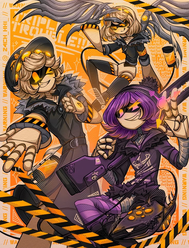 johnson43847's tweet photo. "TRIPLE TROUBLE!!"

Caution tape. Orange glare. Halftone screaming. 
Uzi front and center with that shotgun + gun-finger grin. 
N reaching out, V kicking down from above. 
Nobody’s safe. Not even me. 

#MurderDrones #Uzi #N #V #MD #Fanart #DigitalArt #GlitchProductions https://t.co/qVQ9O8txOr