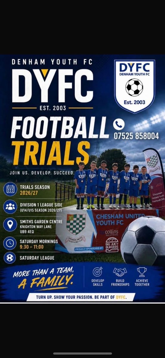 DenhamYouthFC's tweet photo. #denham #iver #hillingdon #Ickenham #slough
SATURDAY LEAGUE FOOTBALL
Denham Youth Football Club
Looking for a new team? Come and be part of the journey.
Exciting New U15 side created and looking to create another U14 side for season 2026/27
Record new league sides https://t.co/rA5YWTMenH