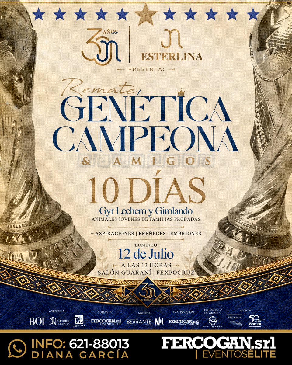 Publiagro's tweet photo. 📷ESPACIO SOLICITADO | CABAÑA ESTERLINA

📷 Remate Genética Campeona &amp; Amigos

Celebrando 30 años de trayectoria, Esterlina presenta una selección exclusiva de Gyr Lechero y Girolando, con animales jóvenes provenientes de familias probadas y genética de alto valor productivo. https://t.co/y7ZTdRfZht