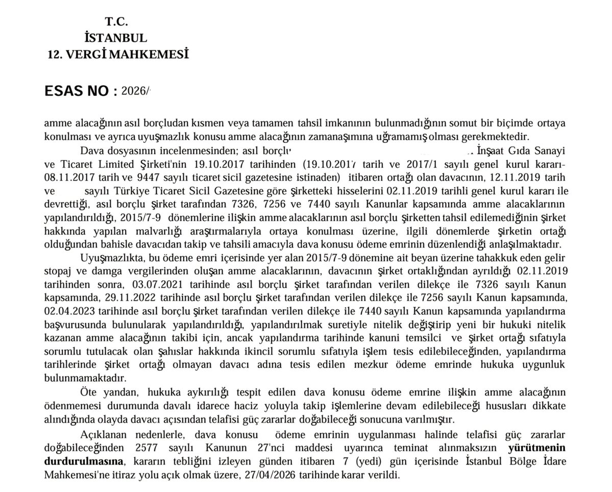 gokayatay_smmm's tweet photo. 📌 Vergi dairesi, borcun ait olduğu dönemde ortak olduğu gerekçesiyle mükellefime yüklü ödeme emirleri gönderdi.

✅️ Mahkeme vergi dairesinin işlemini hukuka aykırı bulmuştur:

⚠️ Bir vergi borcu yapılandırıldığı an, hukuki niteliği değişir ve adeta "yeni bir borç" halini alır. https://t.co/Do6P5OBPZC