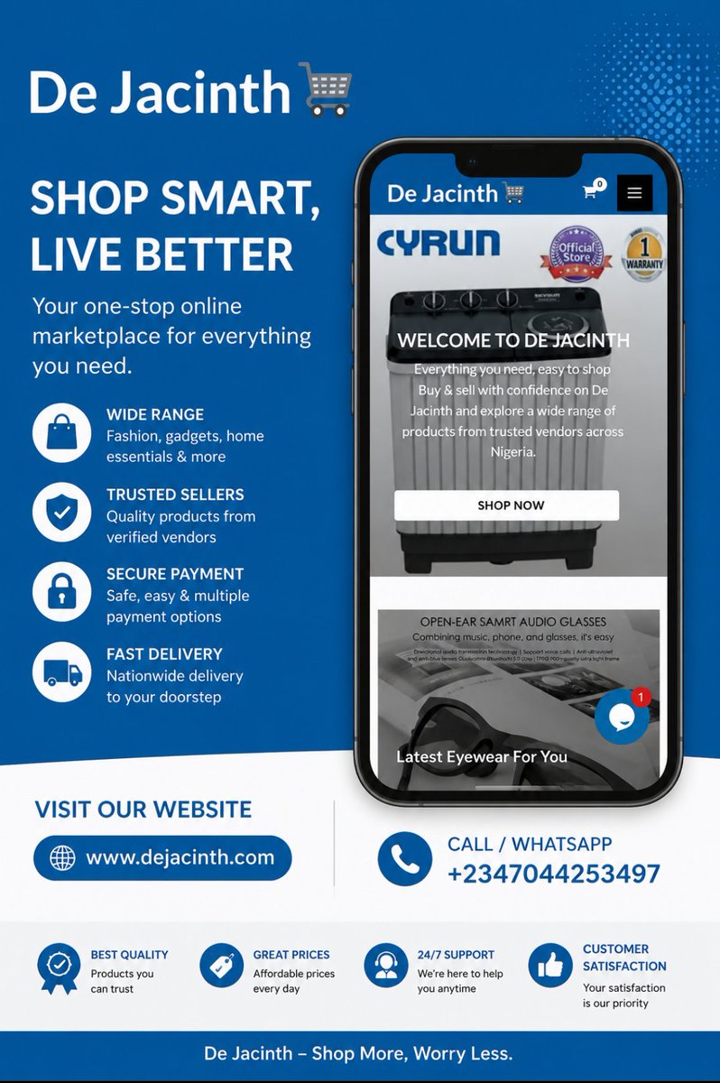 de_jacinth's tweet photo. 🚀 Shop smart with De Jacinth
Everything you need in one place 🛍️
✅ Trusted vendors
✅ Great prices
✅ Fast delivery
📲 Start shopping now on https://t.co/TiBUT3Tr8S 
Contact us 👇 
📞 +2347044253497
#DeJacinth #ShopOnline #Nigeria https://t.co/9ImWvJNYqe