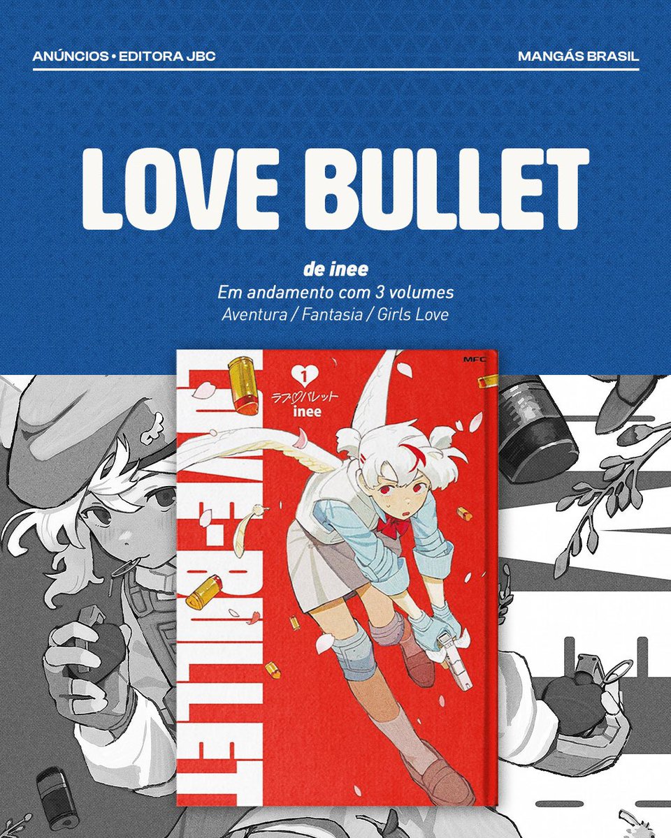 MangasBrasil's tweet photo. 🚨ANÚNCIOS! A @editorajbc anunciou, durante seu painel realizado no primeiro dia do Anime Friends 2026, a publicação de dois novos mangás em seu catálogo.

O primeiro título é Love Bullet, de inee, um mangá de ação girls love que está em andamento no Japão e conta, até o momento, com três volumes publicados.

A história se passa em um mundo contemporâneo onde os cupidos resolvem problemas amorosos não com arcos e flechas, mas com armas de fogo. No entanto, quando diferentes cupidos entram em conflito sobre a melhor forma de solucionar um triângulo amoroso, a disputa acaba se transformando em um intenso tiroteio.

O segundo anúncio foi Imagens Estranhas, adaptação em mangá do livro homônimo de Uketsu, com arte de Kikou Aiba. A série também segue em publicação no Japão e possui três volumes lançados até o momento.

A obra acompanha uma série de ilustrações aparentemente inocentes que escondem pistas sobre crimes e mistérios. Entre elas estão os rabiscos de uma mulher grávida que ocultam um terrível aviso, o desenho de uma criança que revela um segredo perturbador e o último esboço feito por uma vítima de assassinato, que se torna a chave para desvendar uma complexa rede de mistérios.

A JBC também informou que realizará novos anúncios durante todos os dias do Anime Friends 2026, que segue até domingo.m