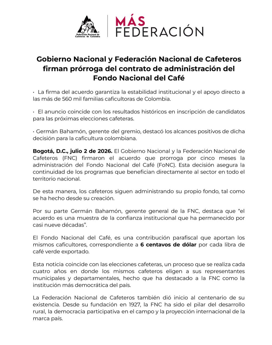 FedeCafeteros's tweet photo. #COMUNICADO l El Gobierno Nacional y la Federación Nacional de Cafeteros (FNC) firmaron el acuerdo que prorroga por cinco meses la administración del Fondo Nacional del Café (FoNC).

Esta decisión asegura la continuidad de los programas que benefician directamente al sector en todo el territorio nacional. De esta manera, los cafeteros siguen administrando su propio fondo, tal como se ha hecho desde su creación.

🔴 Leer más en comunicado adjunto